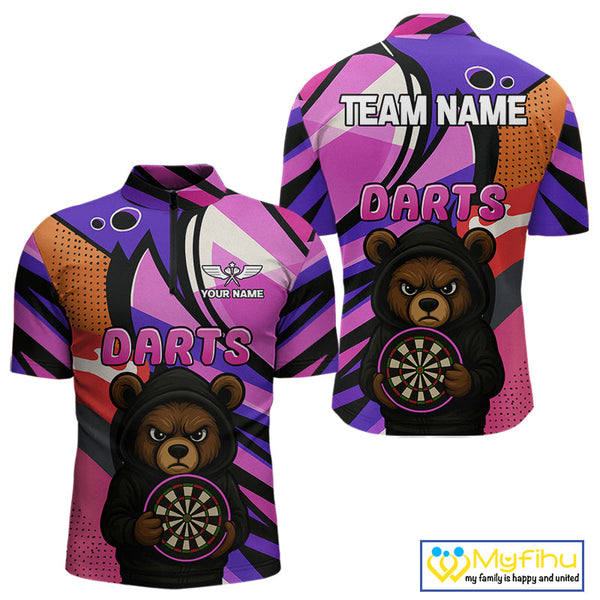 Custom Colorful Funny Bear Dart Team Quarter-Zip Shirt For Men, Dart Jersey NYN0435