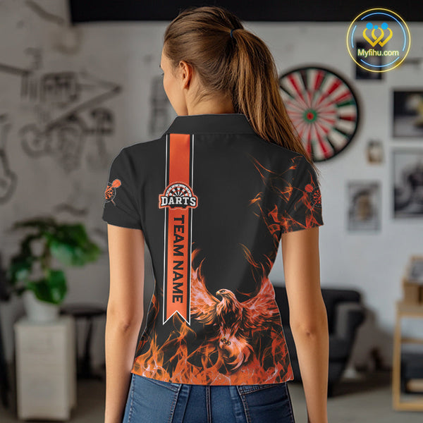 Custom Black And Orange Fire Flame Eagle Darts Team Women Polo Shirt, Dart League Shirt NYN0069