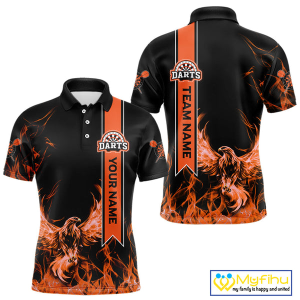 Custom Black And Orange Fire Flame Eagle Darts Team Men Polo Shirt, Dart League Shirt NYN0069