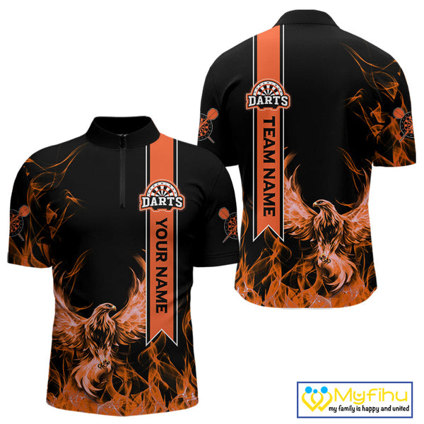 Custom Black And Orange Fire Flame Eagle Darts Team Men Quarter-Zip Shirt, Dart League Shirt NYN0069