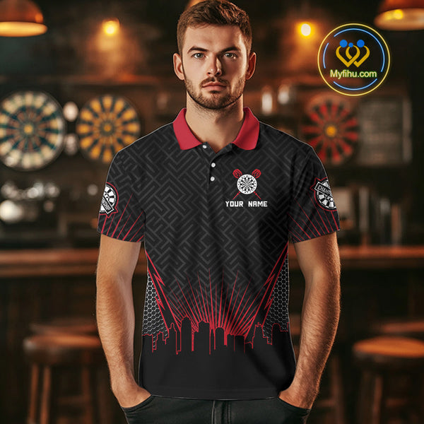 Custom Black And Red Fire Flame Darts Polo Shirts For Men, Vintage Dart Team Shirt NYN0071