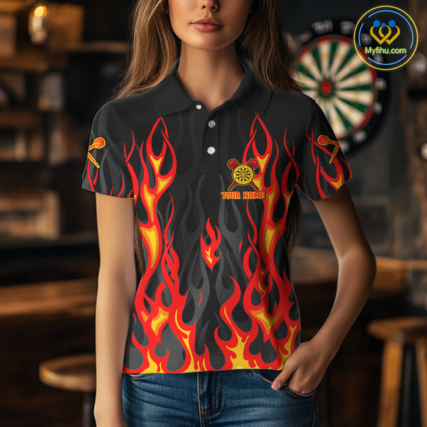 Custom Fire Flame Darts Team Polo Shirts For Women, Dart Tournament Shirt NYN0072