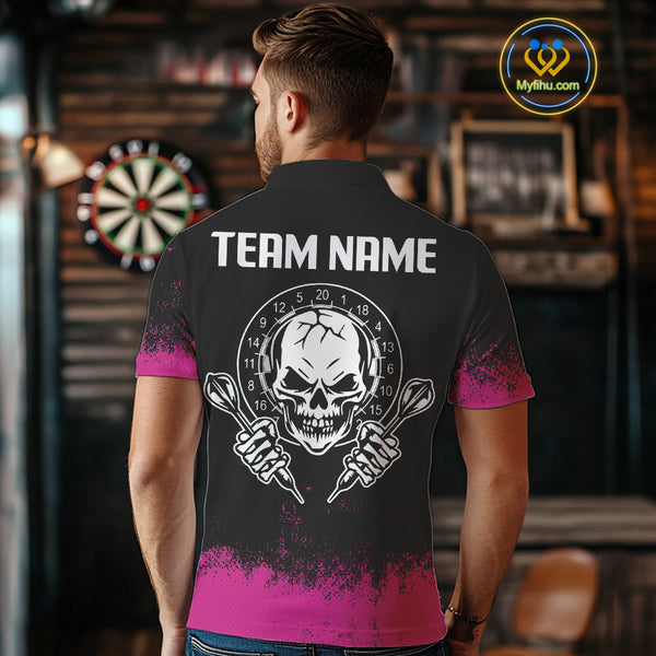 Custom Black And Pink Skull Darts Men Polo Shirts, Dart Team Tournament Shirt NYN0078