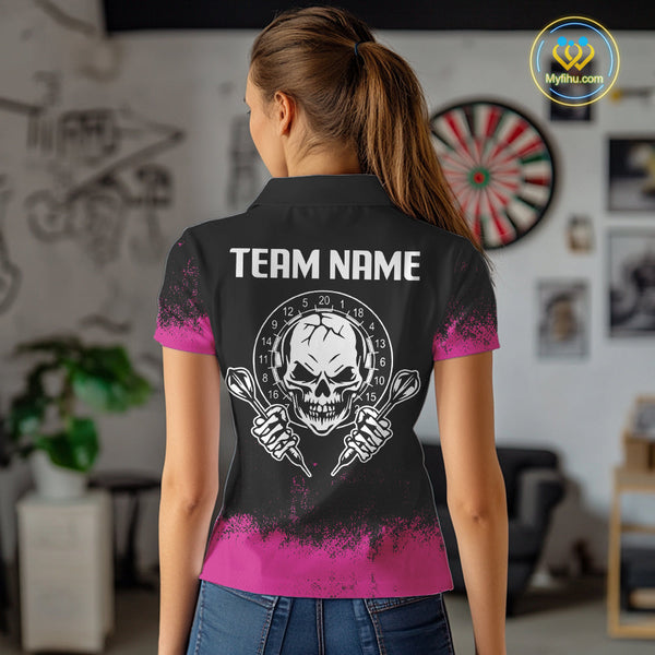 Custom Black And Pink Skull Darts Women Polo Shirts, Dart Team Tournament Shirt NYN0078