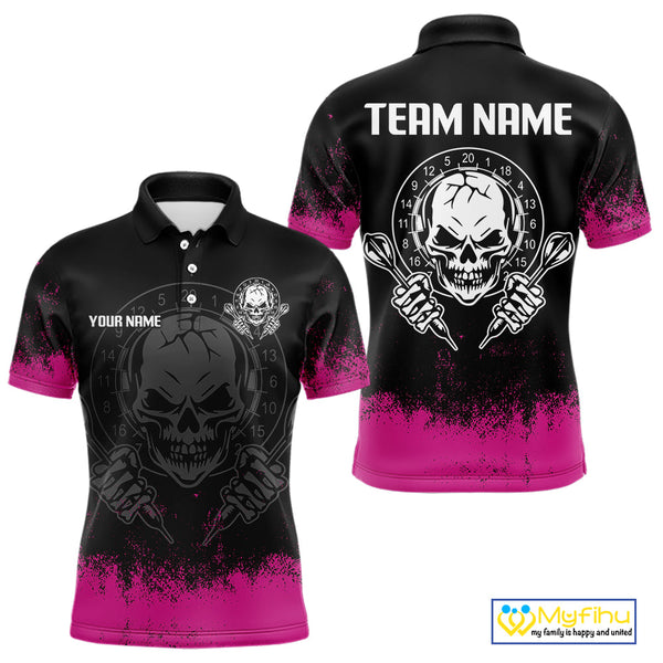 Custom Black And Pink Skull Darts Men Polo Shirts, Dart Team Tournament Shirt NYN0078