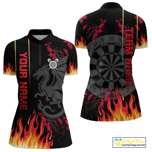 Custom Red Flame Dragon Dart Team Women Quarter-Zip Shirts, Dragon Darts Jerseys NYN0081