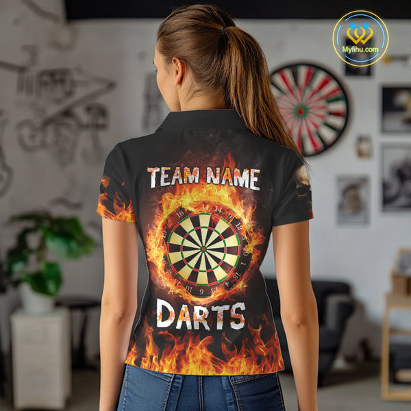 Custom Flame Skull Darts Polo Shirts For Women, Dart Tournament Team Jersey NYN0087