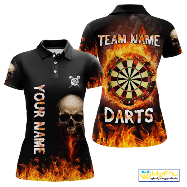 Custom Flame Skull Darts Polo Shirts For Women, Dart Tournament Team Jersey NYN0087
