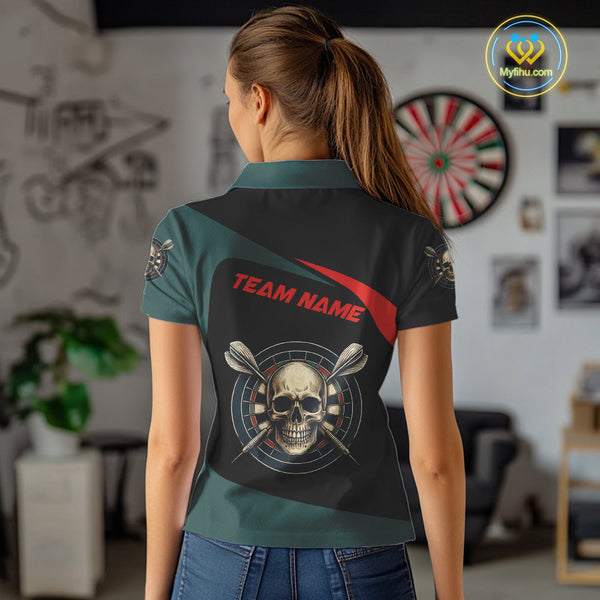 Custom Black Green Skull Dart Skull Polo Shirts For Women, Halloween Dart Outfit NYN0700