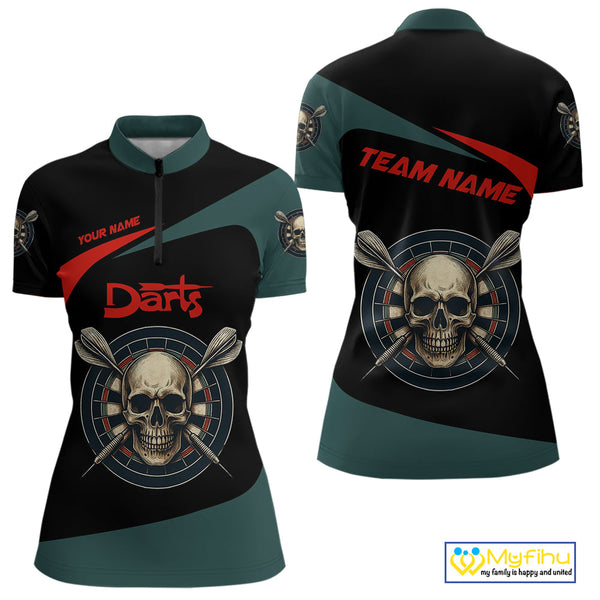 Custom Black Green Skull Dart Skull Quarter-Zip Shirts For Women, Halloween Dart Outfit NYN0700