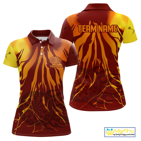 Custom Brown And Orange Flame Darboard Dart Team Polo Shirts For Women, Dart Jerseys NYN0232