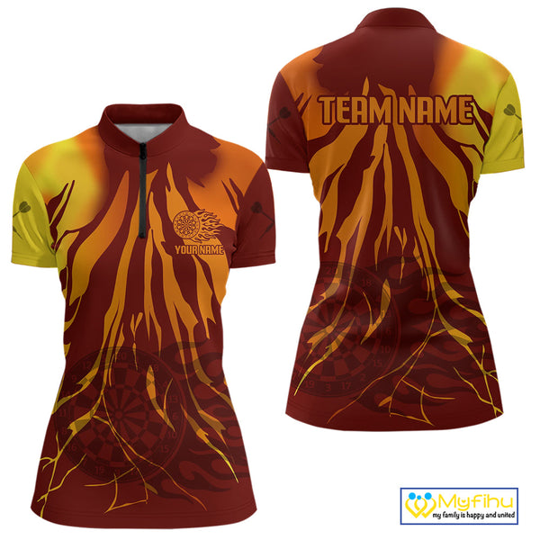 Custom Brown And Orange Flame Darboard Dart Team Women Quarter-Zip Shirt, Dart Jerseys NYN0232