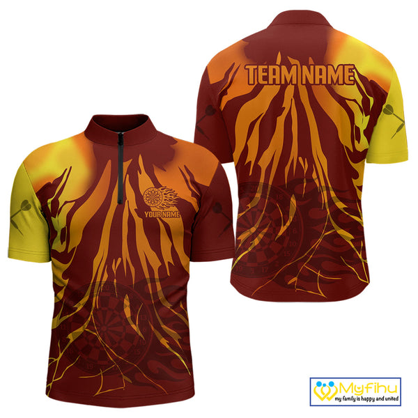 Custom Brown And Orange Flame Darboard Dart Team Quarter-Zip Shirts For Men, Dart Jerseys NYN0232