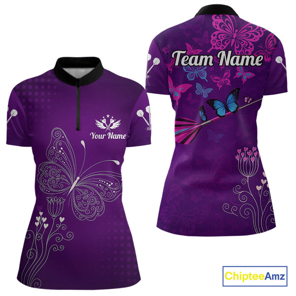 Custom Purple Butterflies Dart Women Quarter-Zip Shirt, Butterfly Dart Tournament Shirt NYN0476