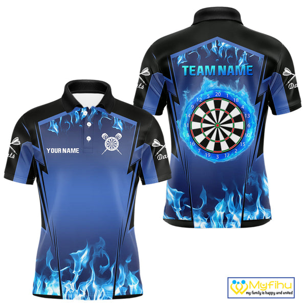 Custom Blue Flame Dartboard Dart Jerseys, Fire Dart Team Men Polo Shirt Dart Outfit NYN0481