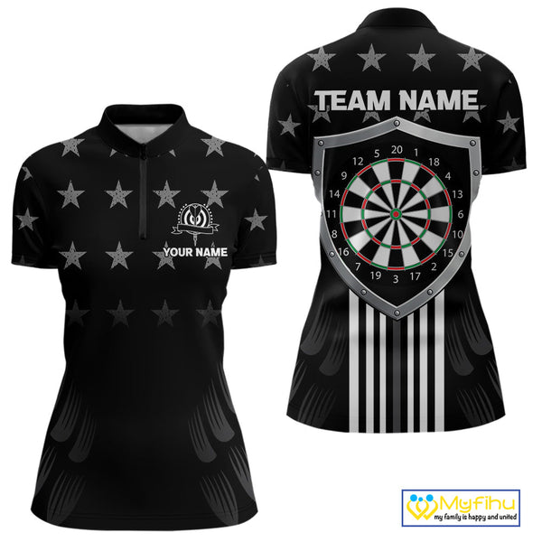 Custom Black And White US Flag Patriotic Dart Women Quarter-Zip Shirt, American Dart Shirt NYN0488