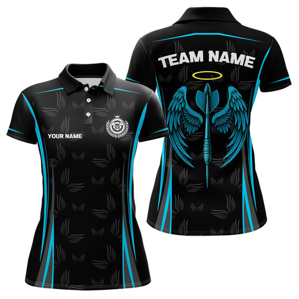 Custom Black And Blue Dart Wings Dart Polo Shirt For Women, Dart League Shirt NYN0495