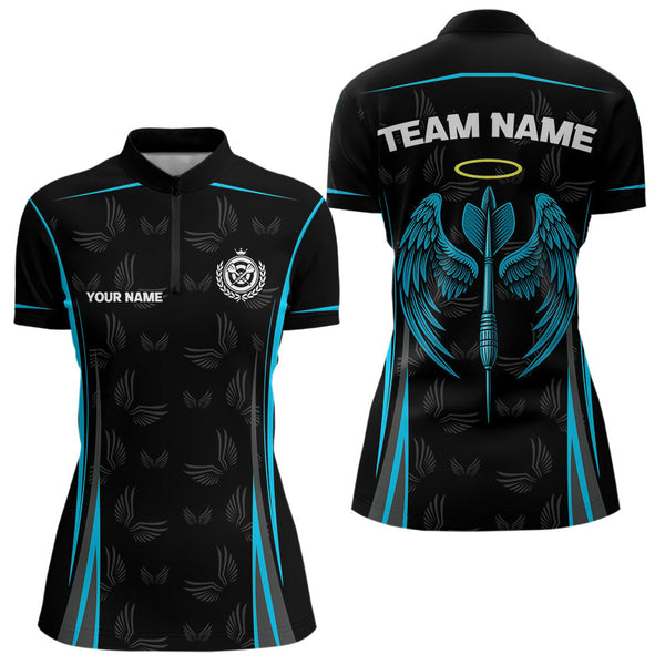 Custom Black And Blue Dart Wings Dart Quarter-Zip Shirt For Women, Dart League Shirt NYN0495