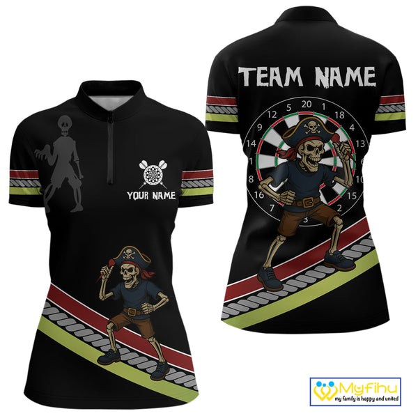 Custom Funny Pirate Skull Dart Quarter-Zip Shirts For Women, Dart Team Tournament Shirt NYN0252