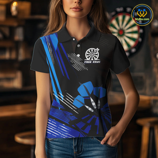 Custom Black And Blue Darts Jerseys, Dart Tournament Polo Shirt For Women NYN0513