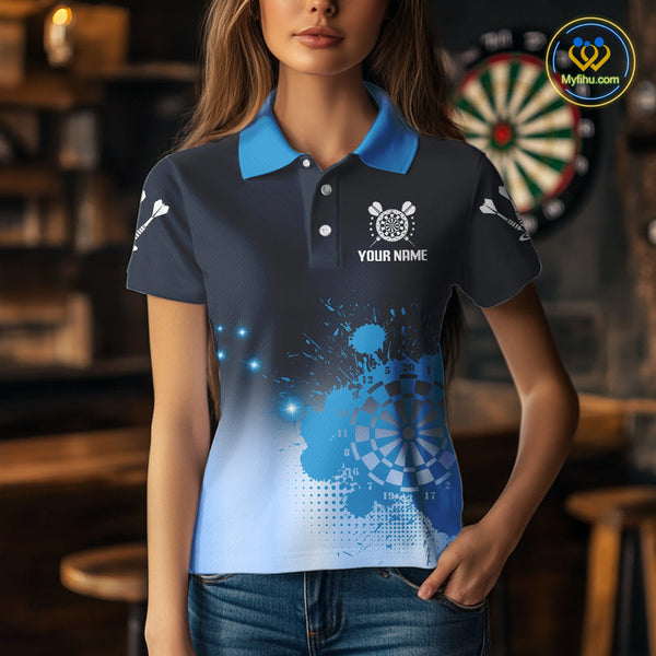 Custom Black And Blue Splatter Dartboard Dart Polo Shirts For Women, Dart Team Shirt NYN0267