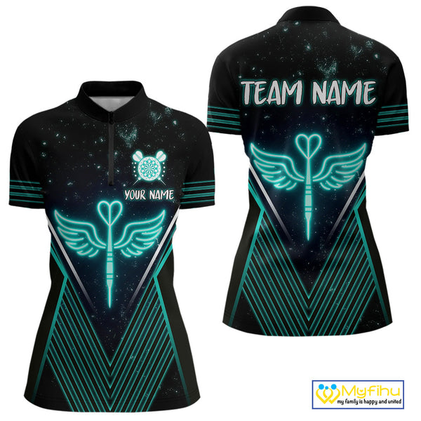 Custom Black And Blue Dart Wings Dart Quarter-Zip Shirt For Women, Dart League Shirt NYN0555