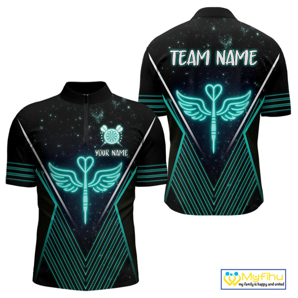 Custom Black And Blue Dart Wings Dart Quarter-Zip Shirt For Men, Dart League Shirt NYN0555