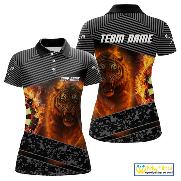 Custom Gray Camo Fire Flame Tiger Dart Team Women Polo Shirts, Dart Tournament Shirt NYN0299