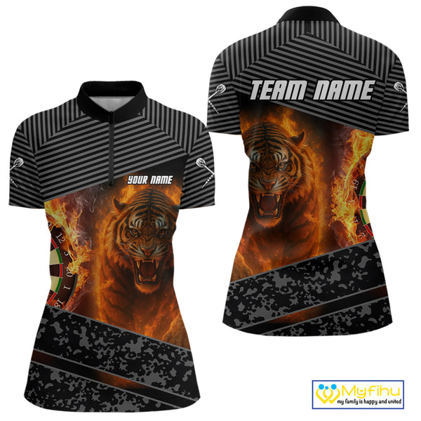 Custom Gray Camo Fire Flame Tiger Dart Team Women Quarter-Zip Shirt, Dart Tournament Shirt NYN0299