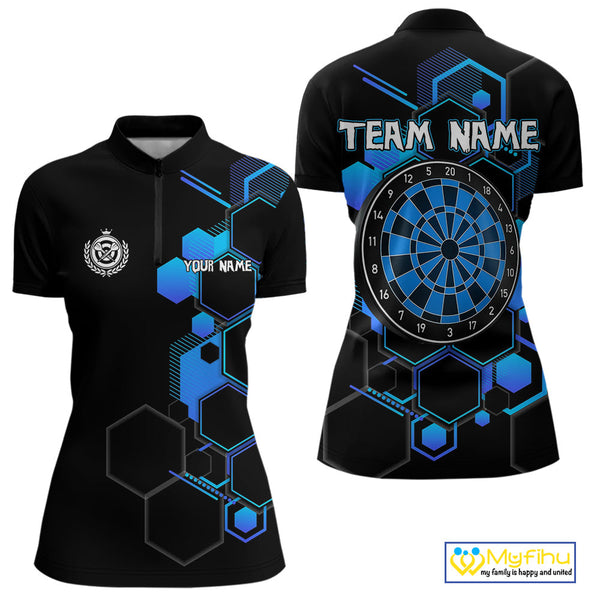Custom Black And Blue Dartboard Jerseys, Dart Team Quarter-Zip Shirt For Women NYN0559
