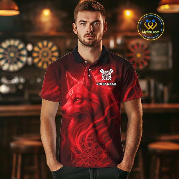 Custom Black And Red Fire Flame Wolf Dart Polo Shirt For Men, Dart Jersey NYN0574