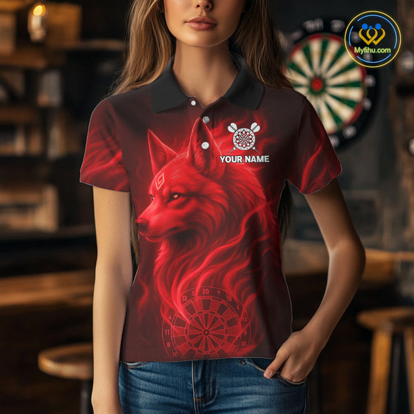 Custom Black And Red Fire Flame Wolf Dart Polo Shirt For Women, Dart Jersey NYN0574