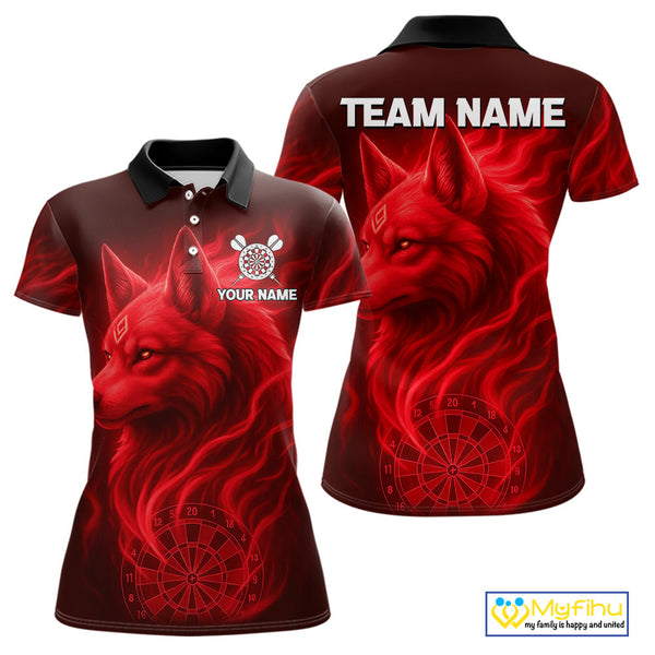 Custom Black And Red Fire Flame Wolf Dart Polo Shirt For Women, Dart Jersey NYN0574