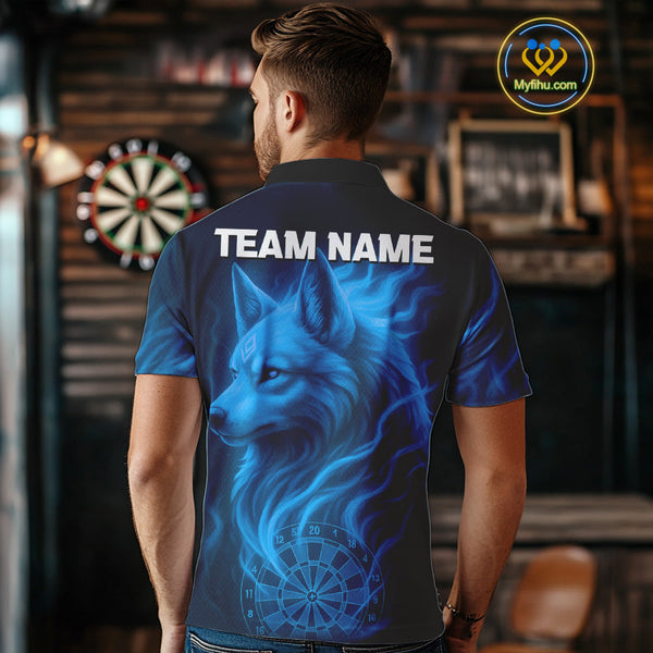 Custom Black And Blue Fire Flame Wolf Dart Polo Shirt For Men, Dart Jersey NYN0575