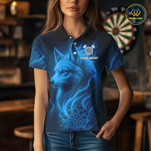 Custom Black And Blue Fire Flame Wolf Dart Polo Shirt For Women, Dart Jersey NYN0575