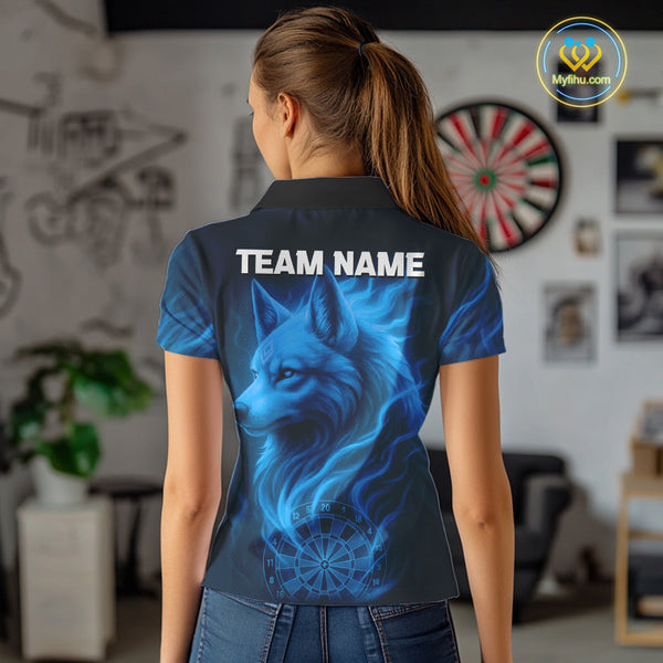 Custom Black And Blue Fire Flame Wolf Dart Polo Shirt For Women, Dart Jersey NYN0575