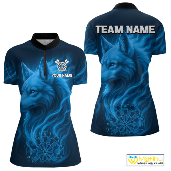 Custom Black And Blue Fire Flame Wolf Dart Quarter-Zip Shirt For Women, Dart Jersey NYN0575