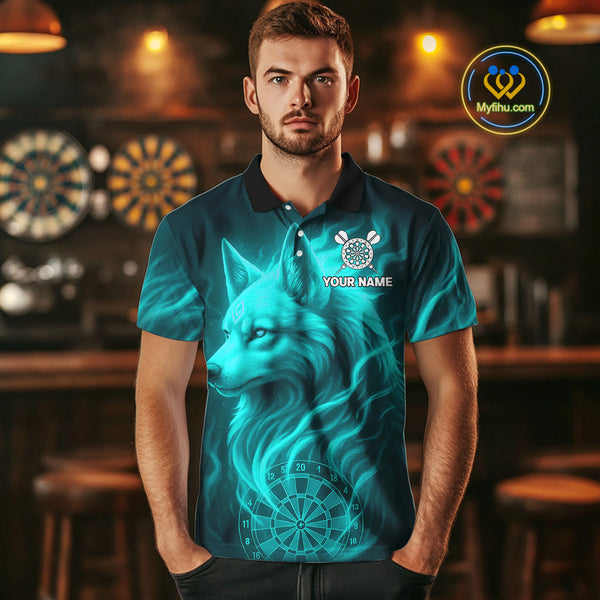Custom Black And Turquoise Blue Fire Flame Wolf Dart Men Polo Shirt, Dart Jersey NYN0576