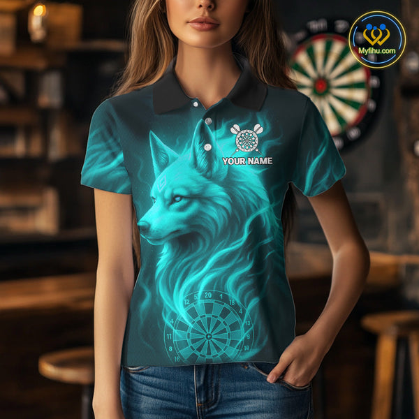 Custom Black And Turquoise Blue Fire Flame Wolf Dart Women Polo Shirt, Dart Jersey NYN0576