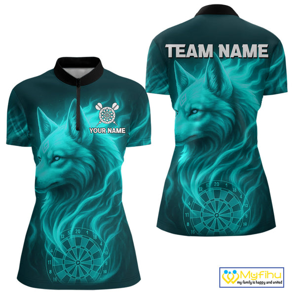 Custom Black And Turquoise Blue Fire Flame Wolf Dart Women Quarter-Zip Shirt, Dart Jersey NYN0576