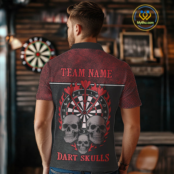 Custom Black And Red Flame Skull Dart Team Men Polo Shirts, Halloween Dart Outfit NYN0314