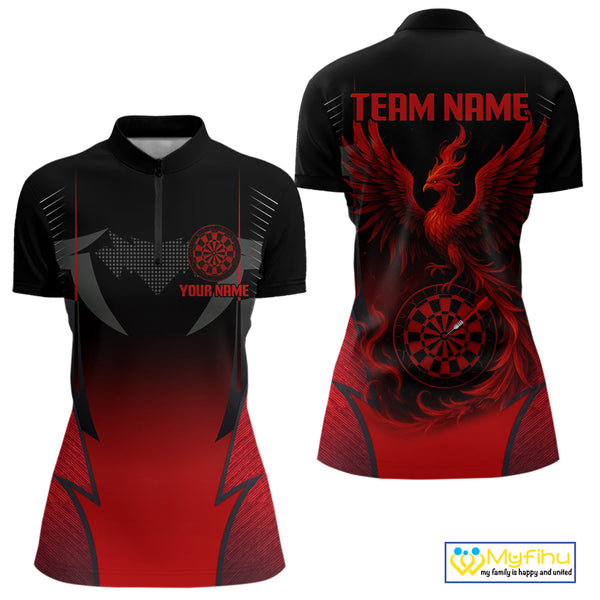 Custom Black And Red Phoenix Dart Team Women Quarter-Zip Shirts, Dart League Shirt NYN0333