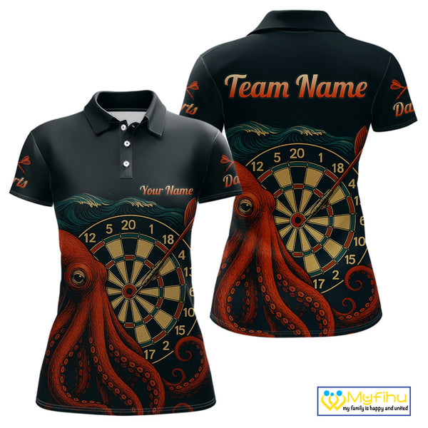 Custom Vintage Red Octopus Dart Polo Shirts For Women, Retro Dart Shirt NYN0344
