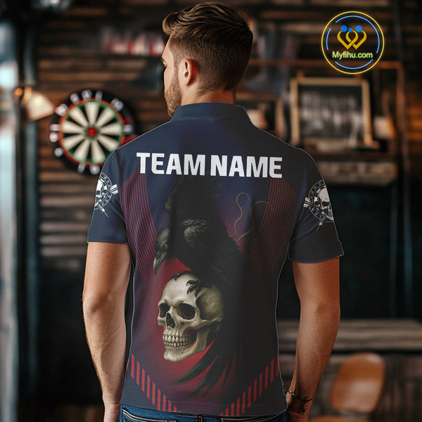 Custom Blue Red Raven And Skull Dart Polo Shirts For Men, Halloween Dart Outfit NYN0347