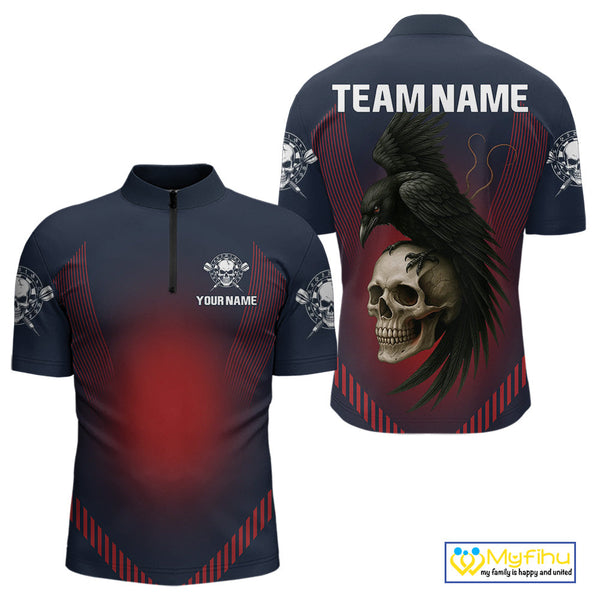 Custom Blue Red Raven And Skull Dart Quarter-Zip Shirts For Men, Halloween Dart Outfit NYN0347