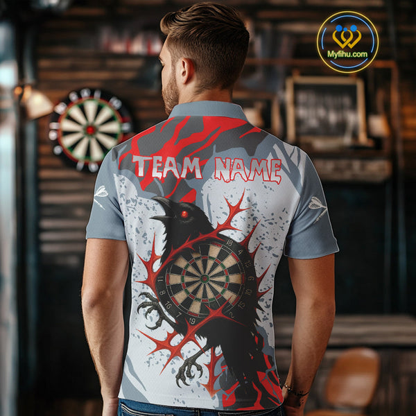 Custom Gray And Red Camo Raven Dart Polo Shirts For Men, Dart Team League Shirt NYN0349