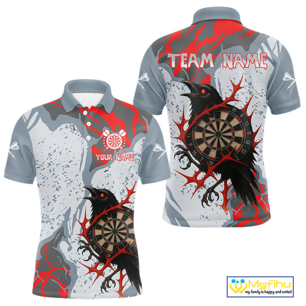 Custom Gray And Red Camo Raven Dart Polo Shirts For Men, Dart Team League Shirt NYN0349
