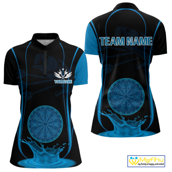 Custom Black And Blue Water Splash Dartboard Dart Women Quarter-Zip Shirt, Dart Jerseys NYN0617