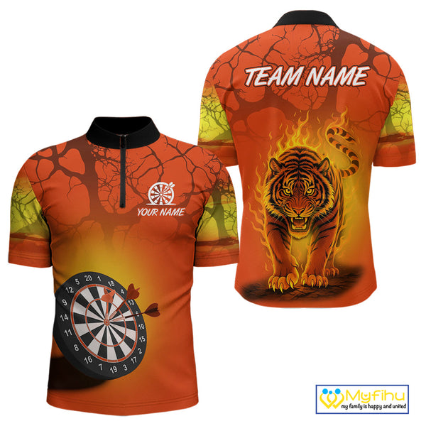Custom Fire Flame Tiger Dart Team Men Quarter-Zip Shirts, Tiger Dart Jerseys With Name NYN0357