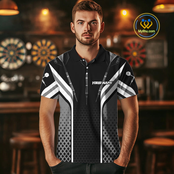 Custom Black And White Dart Jerseys, Dart Team Polo Shirts For Men, Dart League Shirt NYN0361